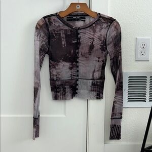 Abstract Print Mesh Long Sleeve Top